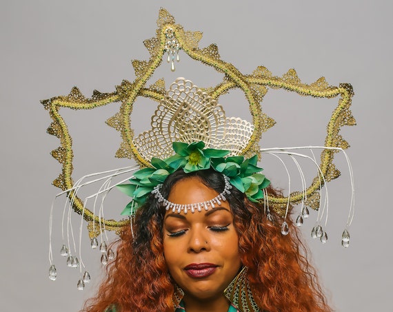 Asian Lotus Jade Flower Headdress Indian Nelumbo Mandala White Gold Green Water Lily Kanzashi Costume Egyptian Burlesque Dance Headpiece