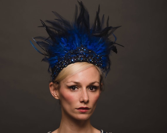 Navy Blue Ethereal Rave Halo Water Headpiece Feather Crown Showman Carnivale Headdress Four Elements Pearl Goddess Burlesque AB Drag Queen