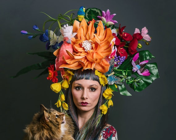 Jungle Rain Forest Tiki Caribbean Headpiece Luau Tropical Butterfly Cockatoo Flower Bird Headdress Festival Carnivale Goddess Paradise Queen