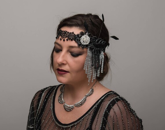 Black Silver Flapper 1920s Feather Headpiece Lace Beaded Forehead Band Gatsby Lounge Headband Burlesque Art Deco Costume Feather Headwear