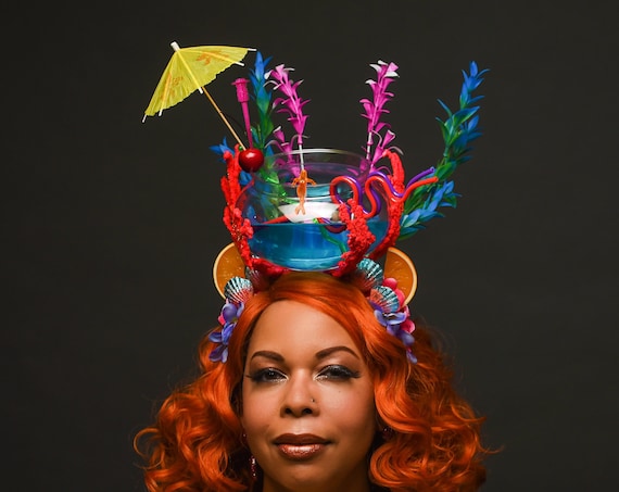 Tropical Tiki Fish Bowl Headdress Luau Summer Party Oasis Cocktail Headpiece Caribbean Hawaiian Fruit Mermaid Umbrella Swizzle Stick Stirrer