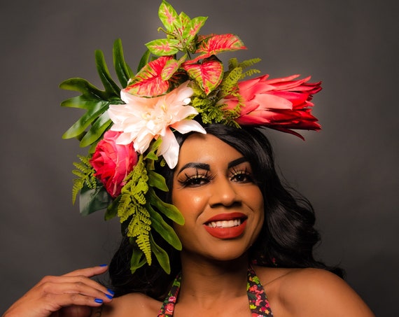 Blush Pink Tropical Floral Fascinator Large Tiki Hukilau Greenery Hawaiian Luau Fronds Headpiece Fern Oasis Summer Beach Party Dapper Day