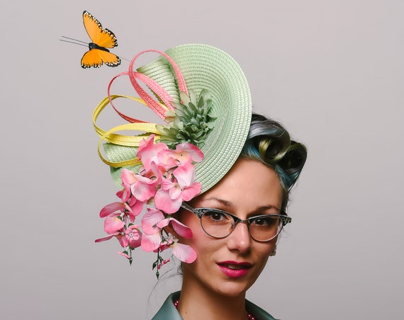 Sage Green Pink Yellow Butterfly Fascinator Dapper Spring Summer Floral Head Piece Garden Party Horse Race Show Derby Melbourne Hatinator