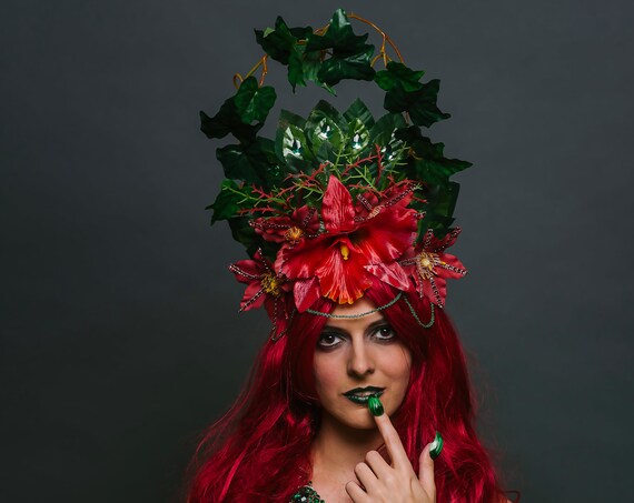 Poison Ivy Mother Earth Headdress Red Orchid Thorn Wicked Vine Halo Nerdlesque Villain Costume Headpiece Exotic Green Flower Crown Jungle