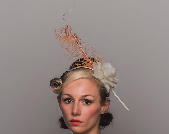 Long White Feather Hair Flower Dapper Day Fascinator Spring Summer Cream Hatinator Horse Derby Orange Spiked Simple Peach Tea Party Headband