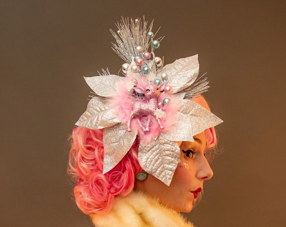 Pink Retro Deer Christmas Poinsettia Hair Flower Pin Up Silver Pine Fascinator Tacky Party Blue Fawn Headpiece Kitschmas Snowflake Vintage