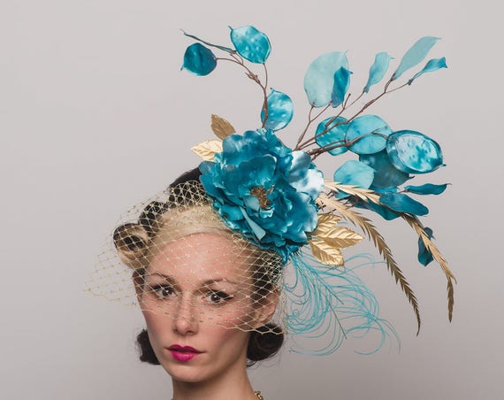 Aqua Blue Gold Birdcage Veil Fascinator Floral Carnevale Hair Flower Metallic Feathers Spring Dapper Day Party Headpiece Derby Horse Hat