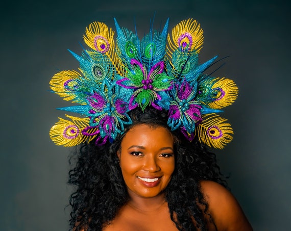 Purple Blue Gold Peacock Feather Headdress Large Teal Burlesque Crown Goddess Headpiece Art Nouveau Drag Queen Mardi Gras Costume Golden