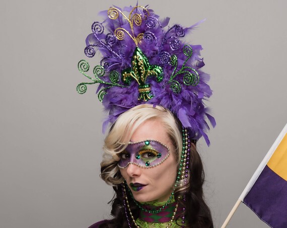 Mardi Gras Fleur de Lis Headdress Purple Green Gold Carnival Head piece Masquerade Crown Parade Feather Jester Costume Hand Made New Orleans