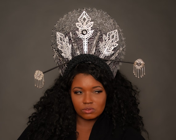 Alien Queen Crown Sci Fi Costume Silver Cosmic Headdress Primordial Headpiece Geometric Science Outer Space Post-Apocalyptic Cyber Kokoshnik