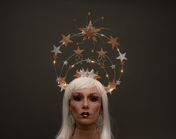Star Halo Crown Celestial Gold Silver Saint Headpiece Light Up Burlesque Galactic Queen Cosmic Goddess Costume Dance New Years Eve Headdress