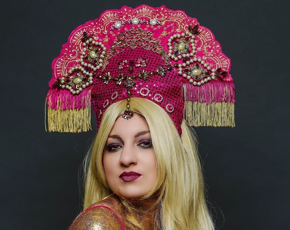 Pink Golden Costume Headdress Carnevale Wild Dance Burlesque Queen Rave Fan Headpiece Gypsy Boho Theater Indian Festival Crown Asian Empress