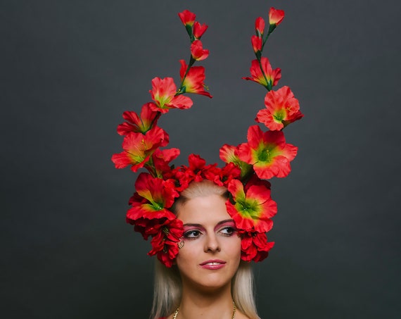 Red Floral Festival Headdress Renaissance Fairy Fantasy Burning Man Flower Crown Fantasy Rave Spring Summer Fire Faerie Dragon Headpiece
