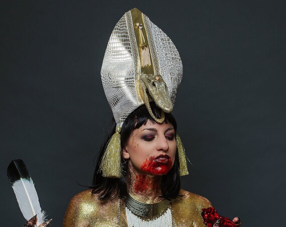 Golden Alligator Crocodile Goddess Headdress Egyptian Ammut Reptile Queen Costume Headpiece Bohemian Boho Sobek Demoness Crown Champagne