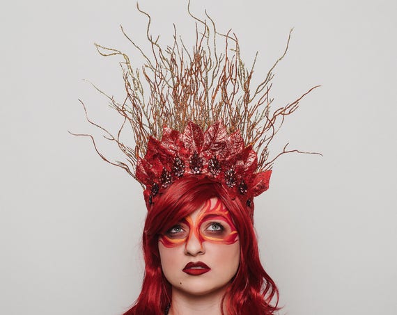 Fire Flames Four Elements Rave Headpiece Phoenix Fantasy Burlesque Red Orange Gold Glitter Carnivale Festival Headdress Goddess Crown Dance