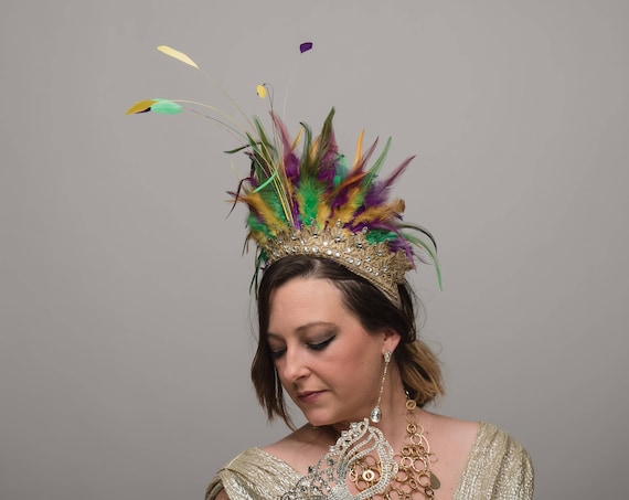 Mardi Gras Feather Headdress Green Purple Gold Queen Crown Celestial Showgirl Festival Carnival Headpiece Rave New Orleans Yellow Feathers
