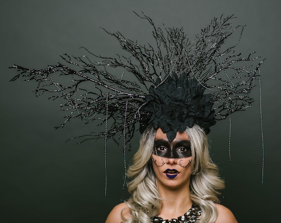 Dark Queen Black Witch Headdress Evil Succubus Fairy Gothic Drow Branches Vampire Magic Costume Wicked Elf Cernunnos Rave Queen Headpiece