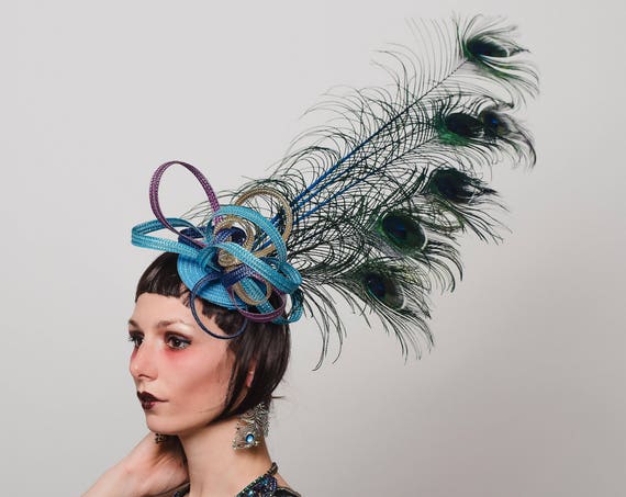 Purple Blue Gold Peacock Feather Fascinator Large Teal Aqua Big Showman Hatinator Loop Garden Tea Party Headpiece Derby Horse Headdress