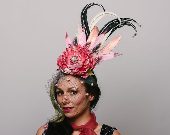 Mauve Floral Black White Feather Pearl Hatinator Blush Pink Rose Headpiece Dapper Day Birdcage Veil Crystals Melbourne Horse Hatinator