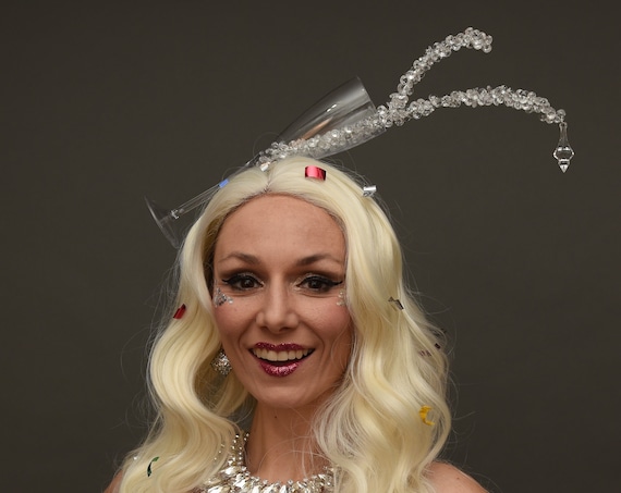 New Year’s Eve Headpiece NYE Champagne Glass Headband Cheers Celebration Crystal Mini Bottle Bubbly Sparkling Wine Celebrate Unique Quirky