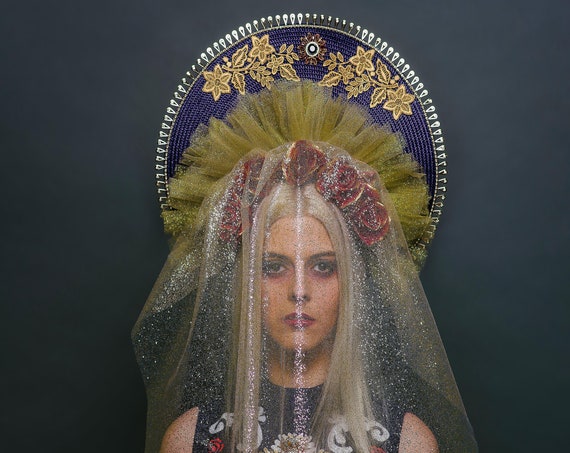 Navy Blue Red Gold Virgin Mary Halo Headdress Saint Top Veil Madonna Costume Floral Blessed Mother Head Piece Queen Rose Flower Crown