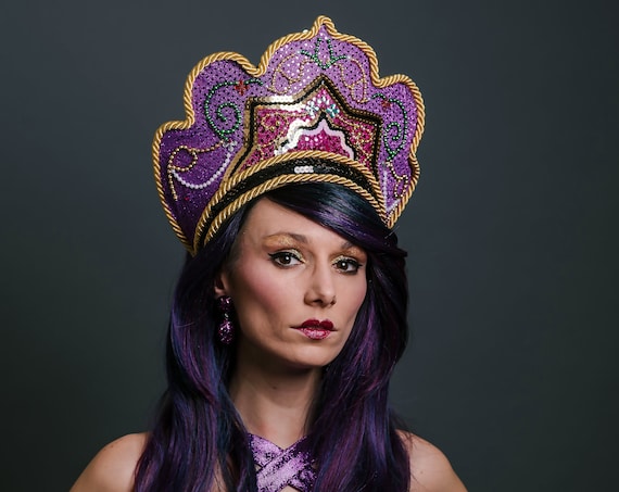 Pink Purple Golden Kokoshnik Goddess Queen Crown Royal Majestic Headdress Mardi Gras Carnevale Costume Headpiece Festival Masquerade Theater