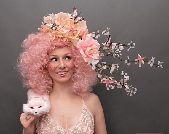 Blush Pink Large Rose Fascinator Butterfly Cream Hummingbird Cherry Blossom Hair Flower Garden Tea Party Headpiece Derby Horse Pastel Beige