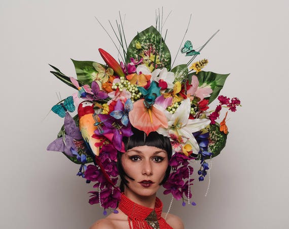 Jungle Rain Forest Tiki Caribbean Headpiece Luau Tropical Butterfly Parrot Flower Headdress Festival Carnivale Goddess Paradise Costume