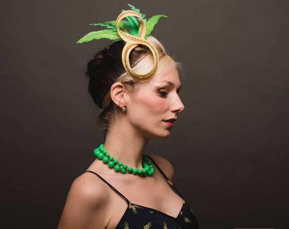 Tropical Tiki Luau Pineapple Feather Headpiece Pinup Gold Abstract Horse Race Show Fascinator Yellow Green Headpiece Hawaiian Fruit Exotic