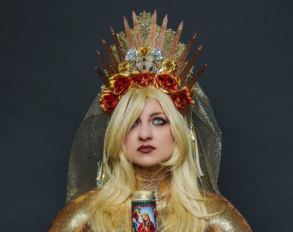 Rose Gold Halo Virgin Mary Pearl Crown Boho Celestial Veil Blessed Mother Saint Silver Copper Metallic Festival Costume Queen Lace Headdress