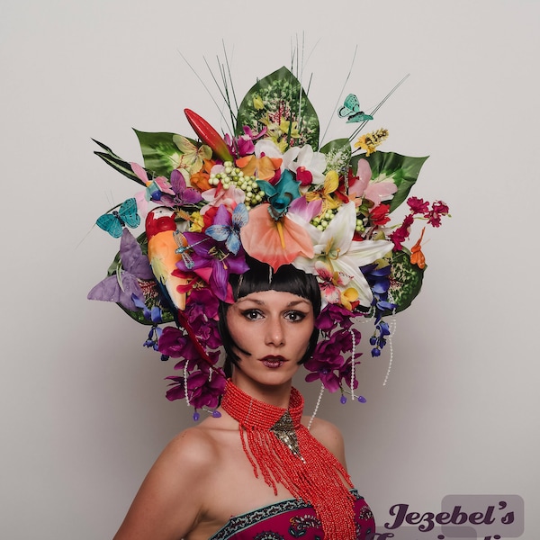 Jungle Rainforest Tiki Caribbean Headpiece Luau Tropical Butterfly Parrot Flower Headdress Maternity Carnivale Goddess Majsestic Costume