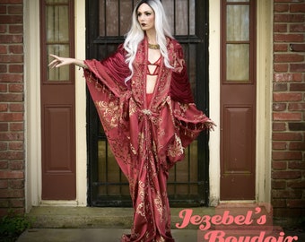 Brocade Bat Wing Dressing Gown, Goddess Drag Queen Regal Beaded Fringe Haute Robe, Burgundy Burlesque Kimono Fringe Majestic Fortune Teller