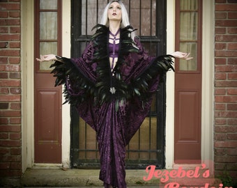 Velvet Burn Out Feather Fringe Nouveau Bat Wing Witch Gown, Gothic Dressing Robe, Kimono Fortune Teller 1920s Coat Flowing Duster Queen