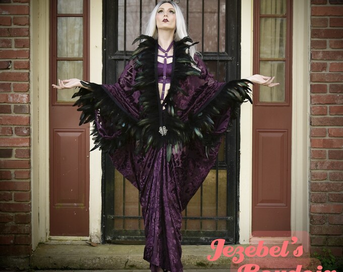 Velvet Burn Out Feather Fringe Nouveau Bat Wing Witch Gown, Gothic ...
