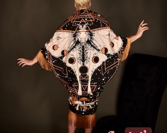 Bohemian Bat Wing Luna Moth Boho Kimono, Fringe Fortune Teller Oracle Gown, Oddity Witch Duster, Cocoon Star Moon Mushroom Goddess Festival