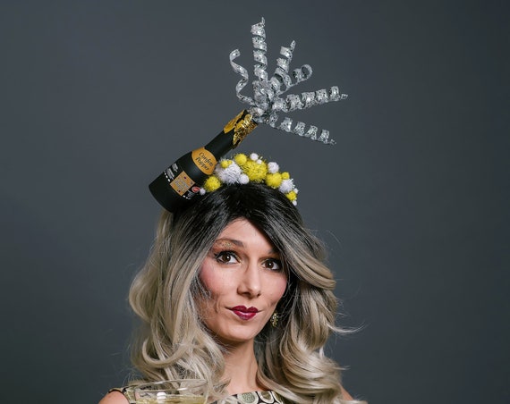 New Year’s Eve Headpiece Champagne Bubbles Headband Cheers Celebration Gold Silver Mini Bottle Bubbly Sparkling Wine Celebrate Hat Unique