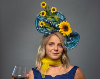 Sunflower Blue Formal Fascinator Garden Party Van Gogh Starry Night Avant Garde Kentucky Derby Horse Races Sun Flower Dapper Day Festival