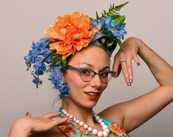 Tropical Luau Blue Orange Floral Hatinator Dapper Exotic Hair Flowers Large Tiki Hawaiian Summer Beach Festival Headpiece Tsunami Polynesian
