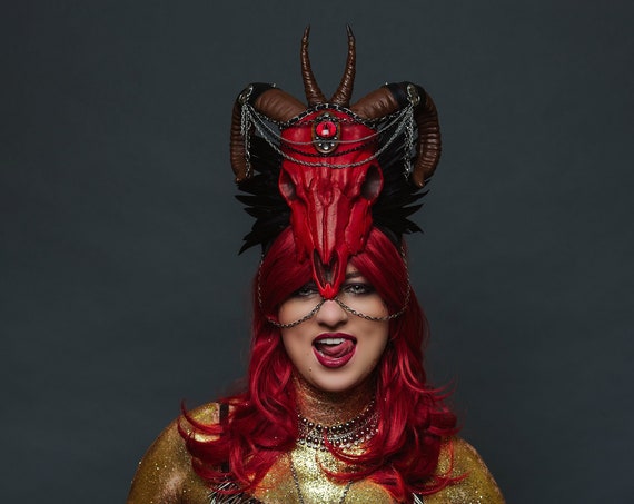 Goat Ram Skull Horns Headdress Red Third Eye Chain Demonic Succubus Warrior Costume Beelzebub Aries Satanic Baphomet Feather Mephistopholes