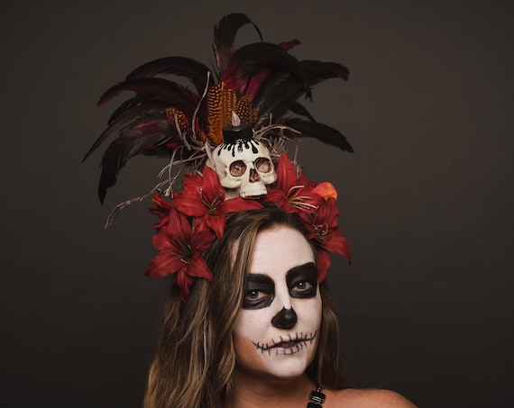 Voodoo Red Skull Tiki Headpiece Tropical Juju Black Magic Priestess Feather Headdress Candle Fire Flame Costume Shaman Cannibal Jungle