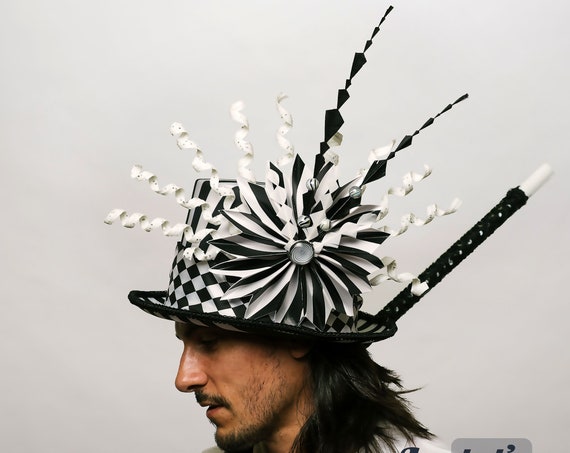 Mens Black White Striped Top Hat Mad Hatter Circus Ring Leader Side ShowmanCostume Accessory Harlequin Diamonds Formal Dandy Dark Voodoo