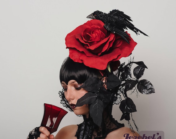 Large Red Rose Black Magic Fascinator Gothic Crow Blood Hatinator Dark Vampire Costume Raven Drag Queen Headpiece Romantic Witch Headdress