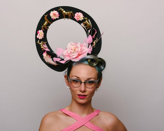 Golden Horse Floral Feather Fascinator Kentucky Derby Unique Race Show Feather Black Blush Pink Roses Headpiece Quirky Horses Hatinator