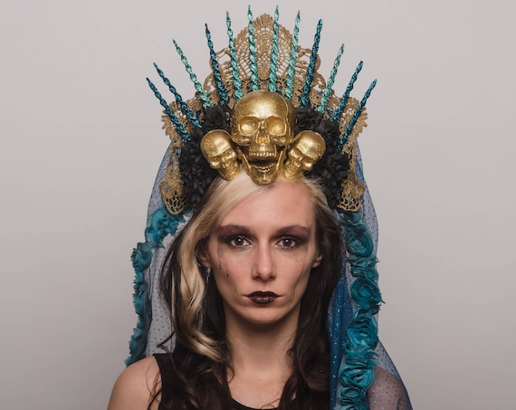 Virgin Mary Halo Saint Day of the Dead Headpiece Saint Gold Skulls Crown Dia de los Muertos Headdress Blue Black Veil Costume Blessed Mother