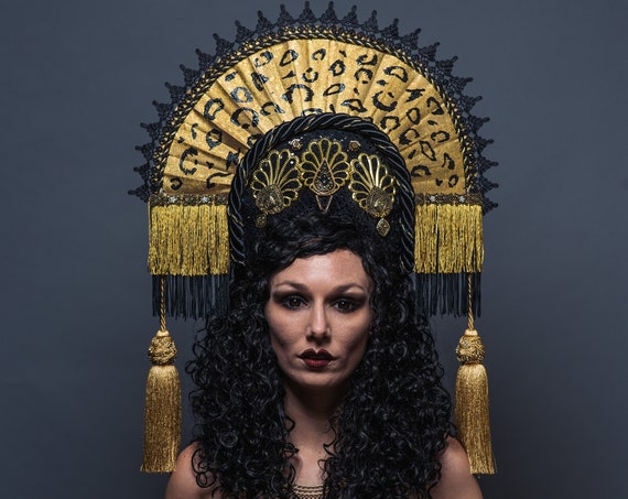 Gold Leopard Burlesque Egyptian Crown Goddess Wild Fan Headdress Drag Queen Festival Carnevale Empress Exotic Costume Headpiece Regal Deity