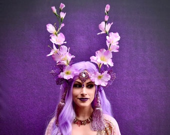 Lavender Lilac Fantasy Bohemian Floral Headpiece, Gatsby Art Nouveau Tassel Headband, Goddess Ethereal Faerie Fairycore Mauve Crown, Oracle