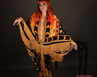 Art Nouveau Bat Wing Gown Star Dressing Robe, Red Oracle Gold Zodiac Witch Moon Sun Kimono, Flowing Dance Fringe Erte Fantasy Fortune Teller