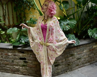 Orchid Tiki Caftan, Pearl Beaded Fringe Dressing Gown, Sheer Robe Kimono, Tropical Kaftan, Beach Cover Wrap White Oasis Hukilau Cruise Asian