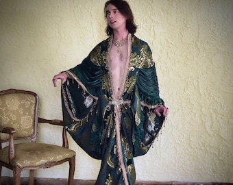 Emerald Brocade Dressing Gown, Sultry Goddess Drag Queen Regal Ornate Beaded Haute Robe Burlesque Kimono, Nouveau Majestic Fortune Teller