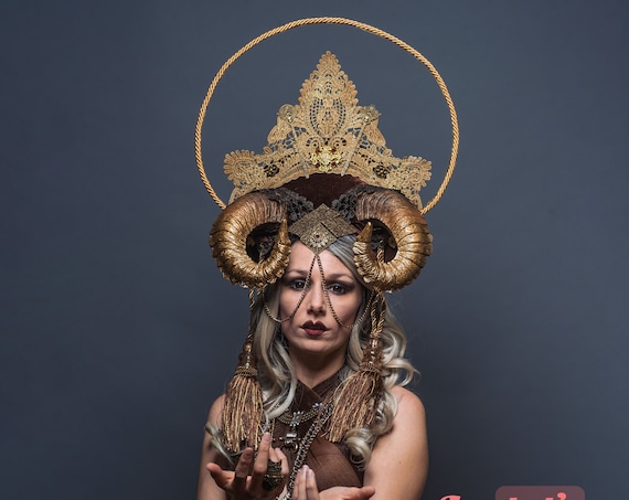 Golden Brown Horns Rave WGT Headdress Burning Man Headpiece Masquerade Crown Tassel Mistress Halo Demon Bovine Minotaur Majestic Goddess Ram